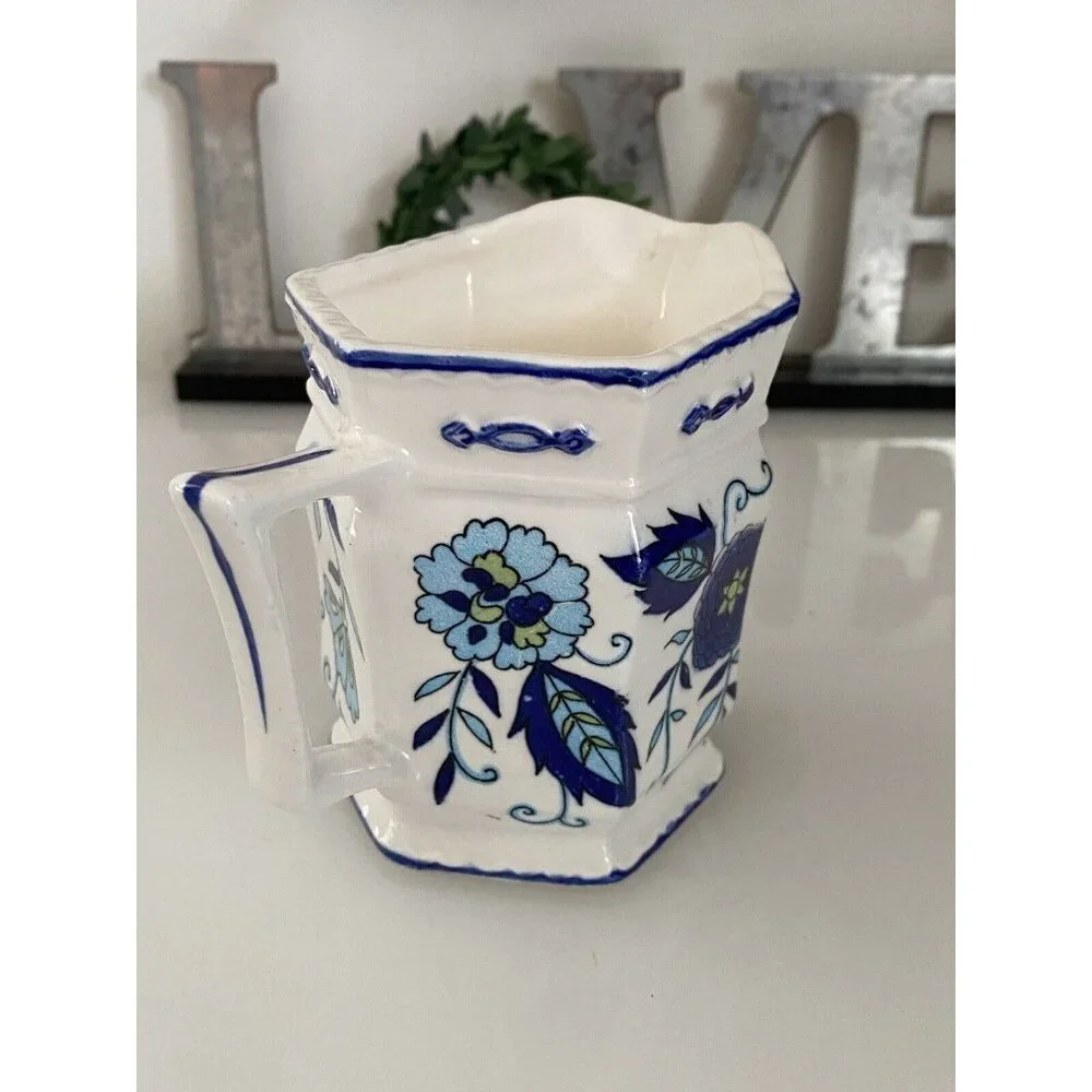 Vintage Ironstone Mann Import Blue Heirloom Hand Painted Floral Creamer 4